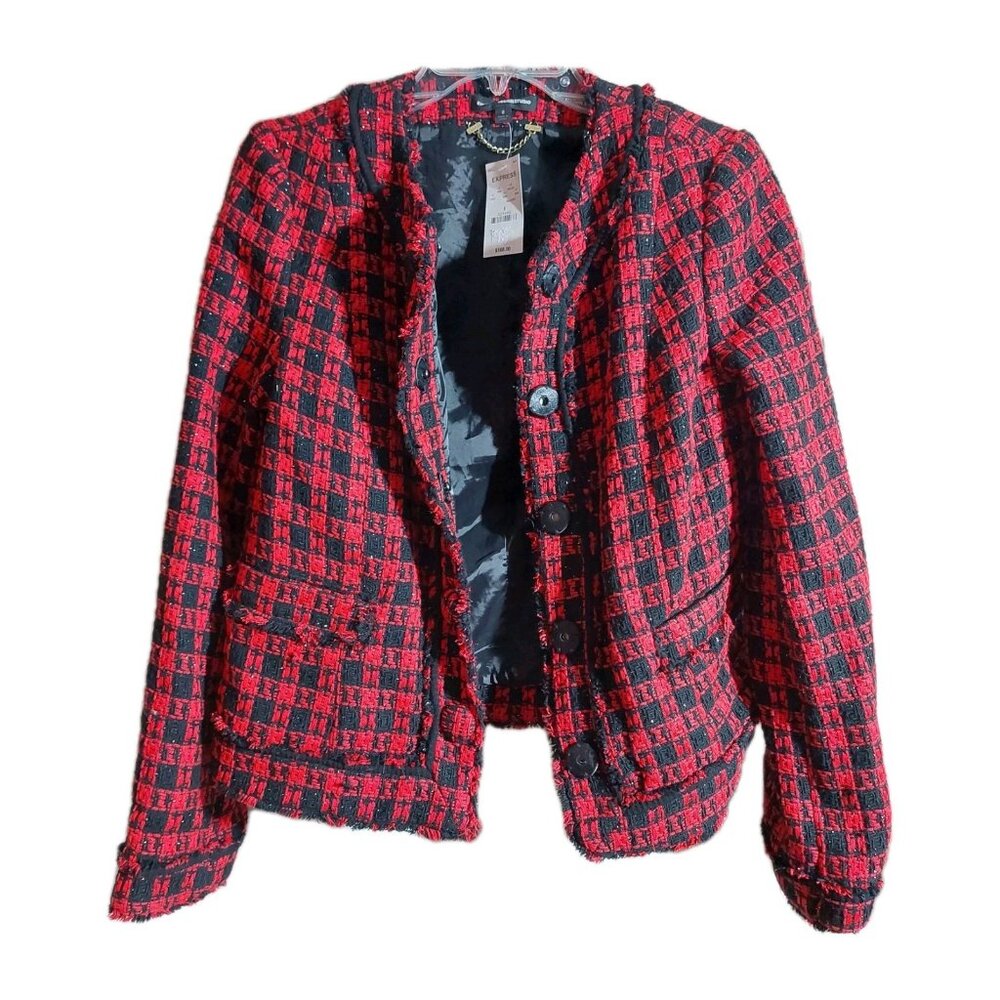 Express Design Studio Red Black Tweed Houndstooth Jacket Blazer sz 8 NWT $168 - Picture 2 of 5